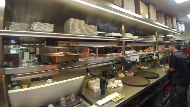 kitchen shelves in a restaurant